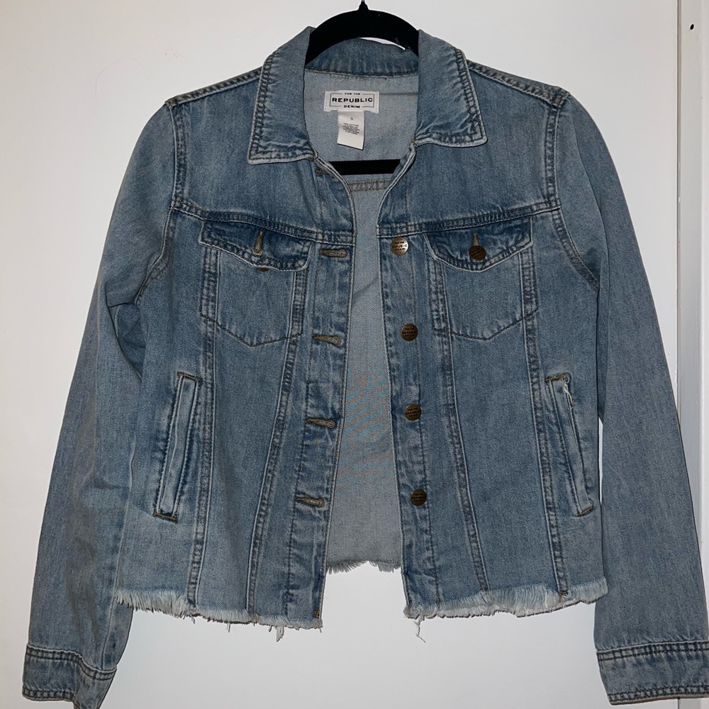 For the republic, light wash, distressed jeans jacket. Size small.